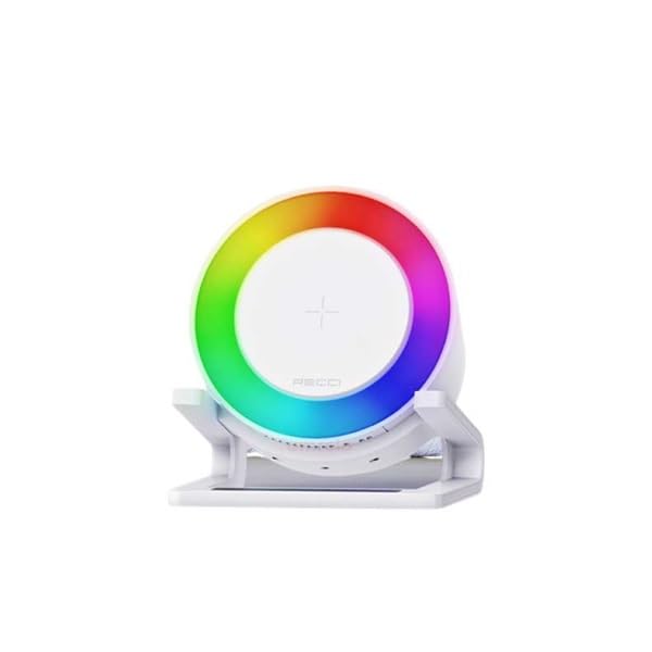 RECCI 4 in 1 speaker, with wireless charger & night light and mobile phone stand, white color