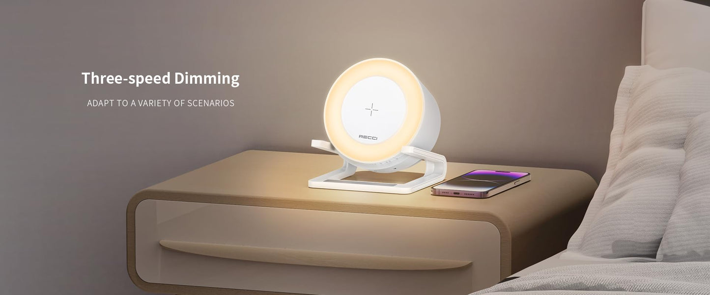 RECCI 4 in 1 speaker, with wireless charger & night light and mobile phone stand, white color