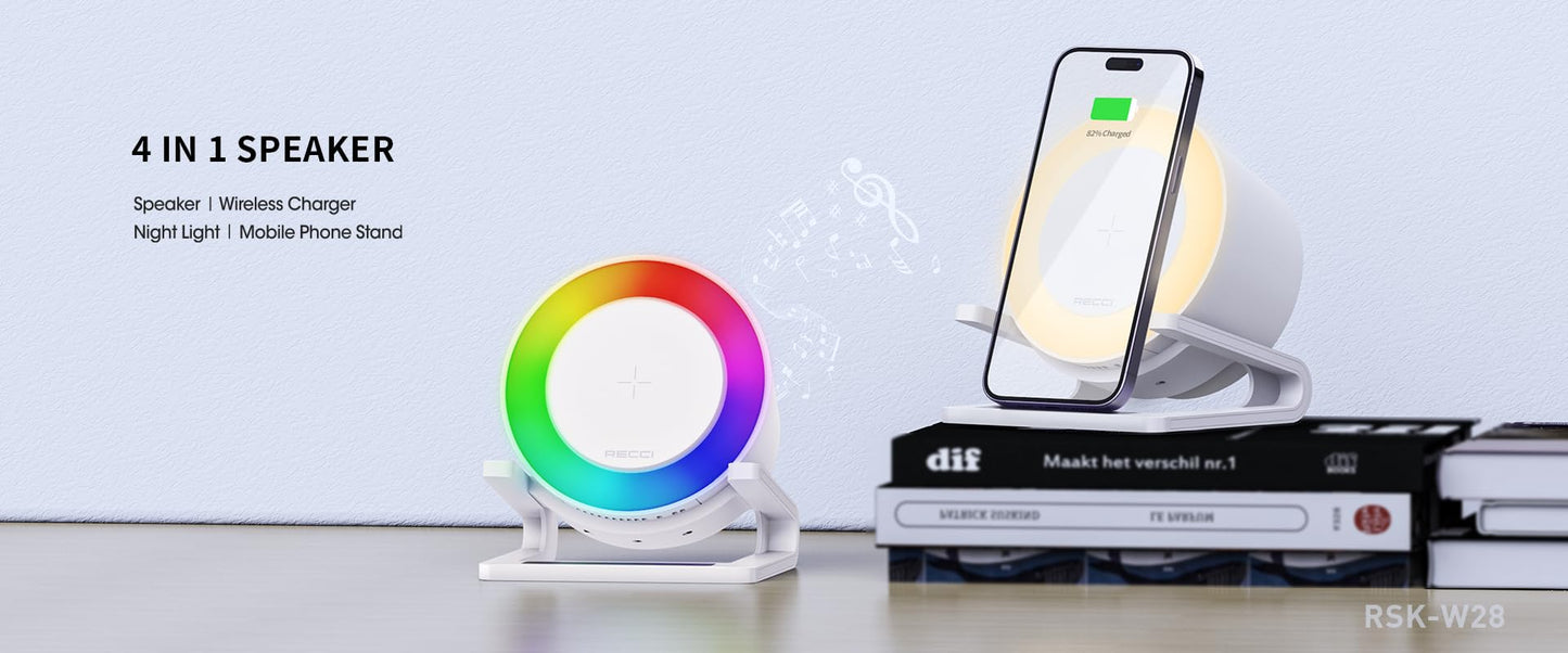 RECCI 4 in 1 speaker, with wireless charger & night light and mobile phone stand, white color