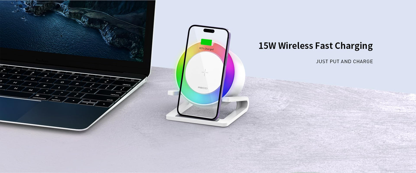 RECCI 4 in 1 speaker, with wireless charger & night light and mobile phone stand, white color