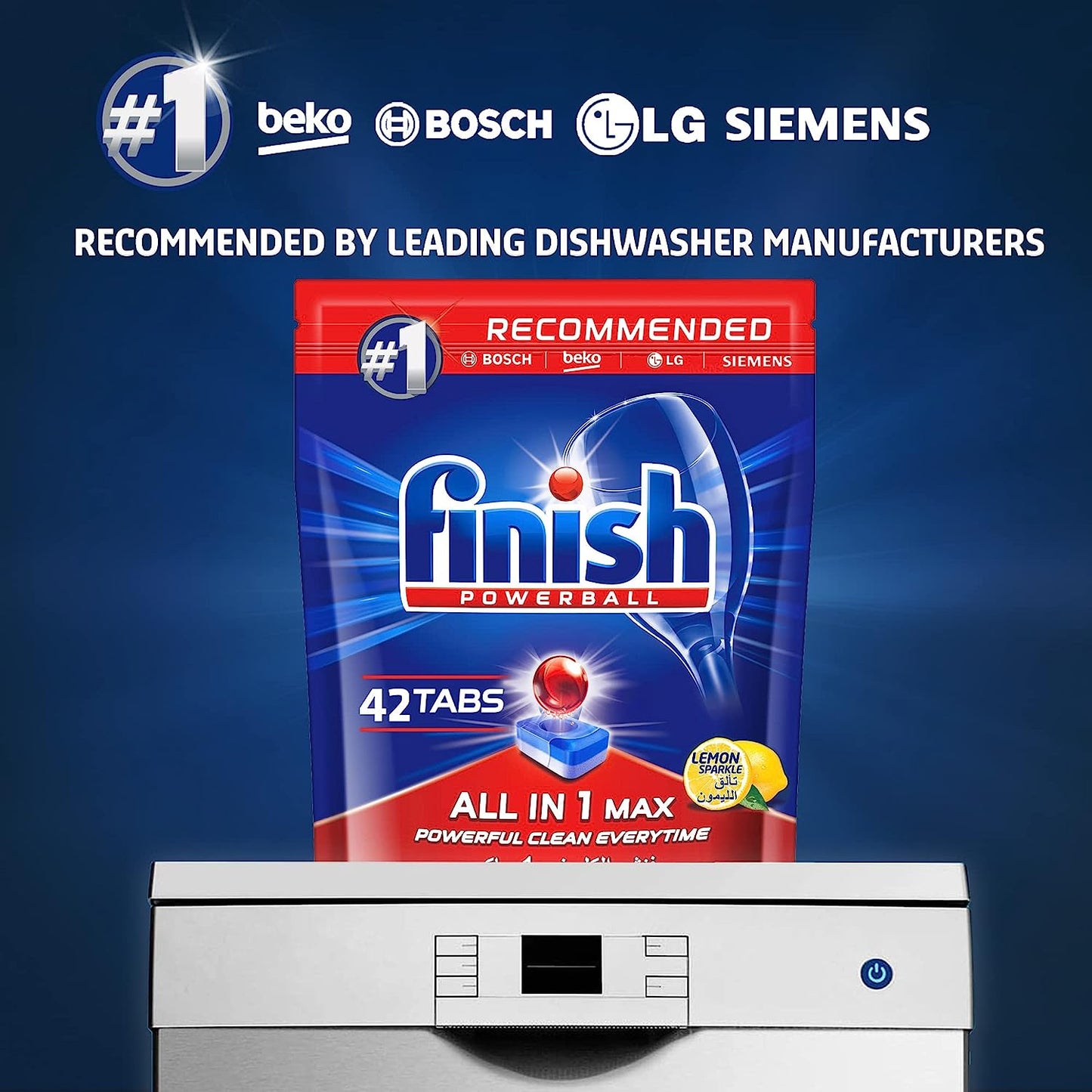 Finish Lemon Sparkle Powerball Dishwasher Detergent All in One Max Tablets for Powerful Clean Everytime, 42 Tabs