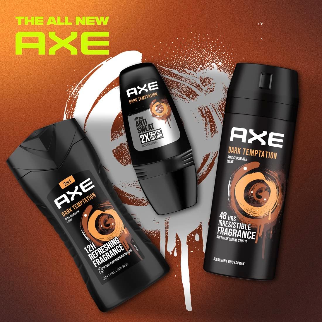 Axe Men Deodorant Body Spray, for long lasting odour protection, Dark Temptation, 48 hours irresistible fragrance, 3 x150ml