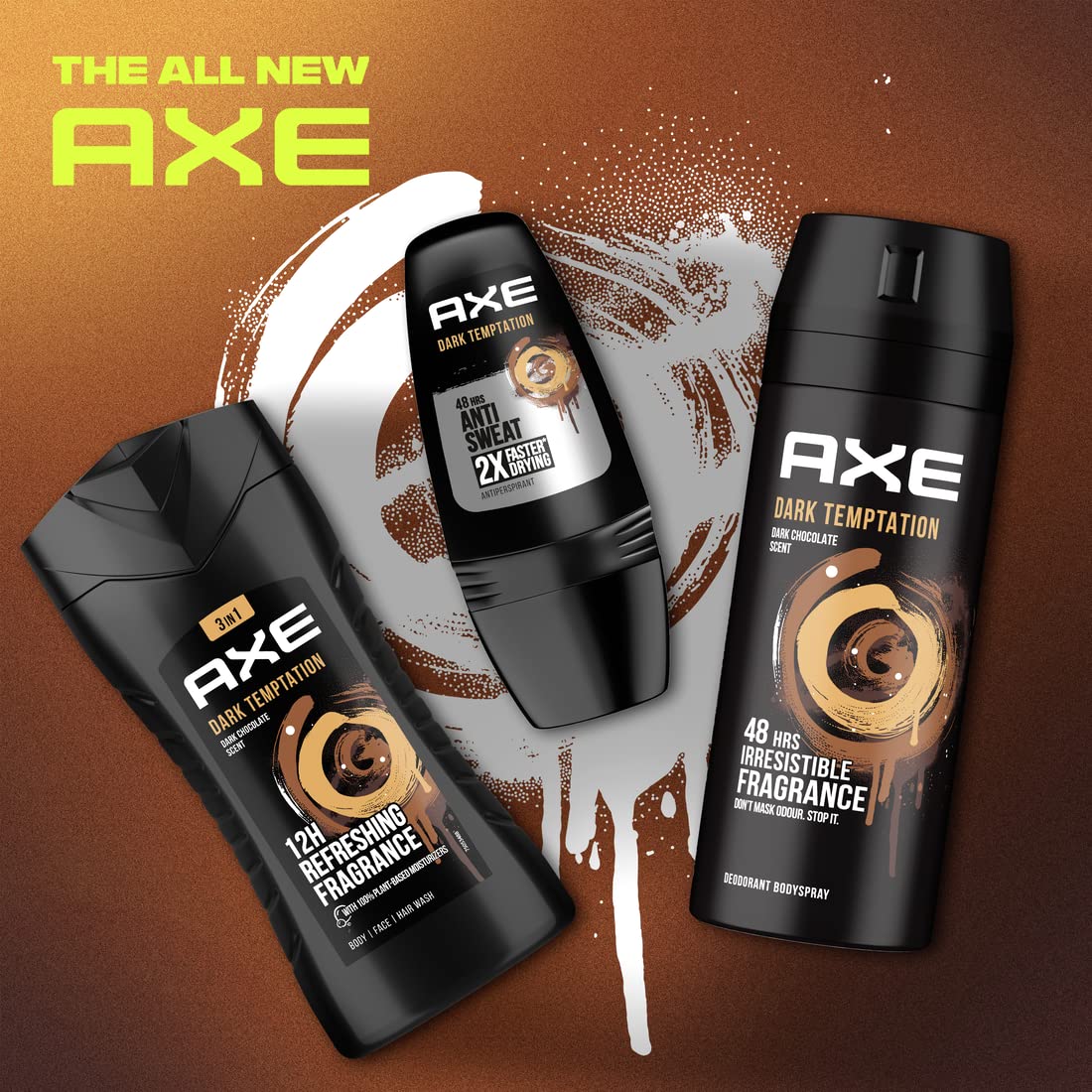 Axe Men Deodorant Body Spray, for long lasting odour protection, Dark Temptation, 48 hours irresistible fragrance, 3 x150ml