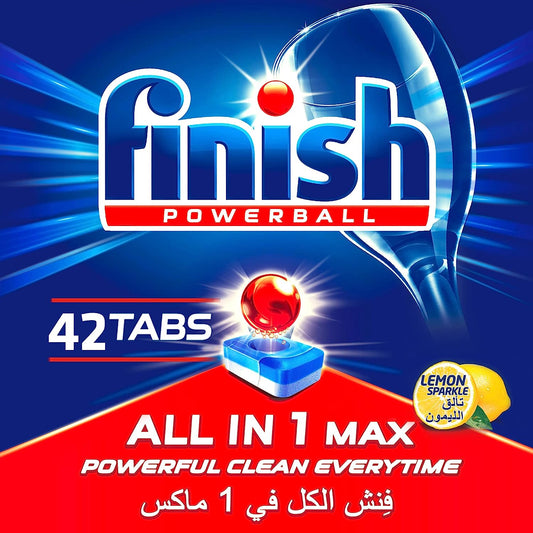 Finish Lemon Sparkle Powerball Dishwasher Detergent All in One Max Tablets for Powerful Clean Everytime, 42 Tabs