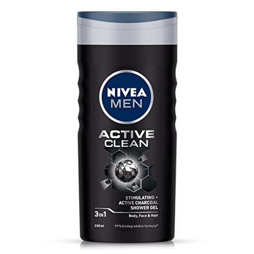 NIVEA MEN Hair, Face & Body Wash, Active Clean Shower Gel, 250ml