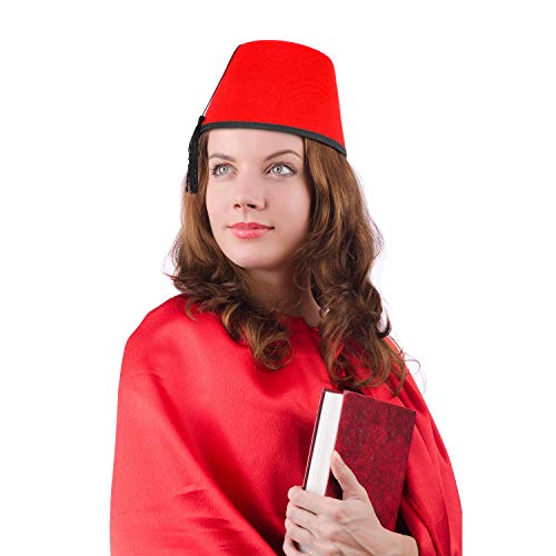 6 Packs Red Fez Hat Turkish Hat Shriner Fez Hats with Silky Tassel (Black Silky Tassel)