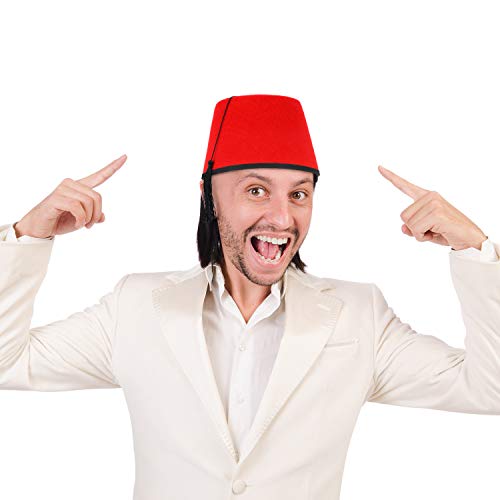 6 Packs Red Fez Hat Turkish Hat Shriner Fez Hats with Silky Tassel (Black Silky Tassel)