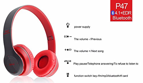 Wireless Headphones, P47 Bluetooth Over Ear Foldable Headset with Microphone Stereo Earphones 3.5mm Audio Support FM Radio TF for PC TV Smart Phones & Tablets etc (Black)