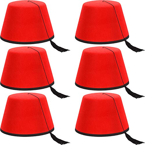 6 Packs Red Fez Hat Turkish Hat Shriner Fez Hats with Silky Tassel (Black Silky Tassel)