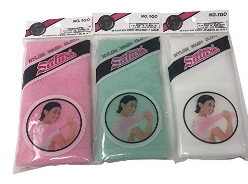 Salux Nylon Japanese Beauty Skin Bath Wash Cloth/towel (3) Pink Green and White