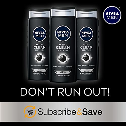 Nivea Men DEEP Active Clean Charcoal Body Wash, Cleansing Body Wash with Natural Charcoal, 3 Pack of 16.9 Fl Oz Bottles