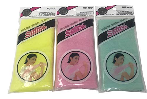 Salux Nylon Japanese Beauty Skin Bath Wash Cloth/towel (3) Yello Pink and Green