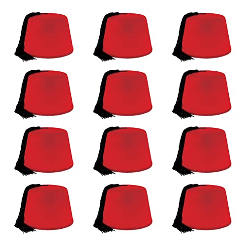 Beistle 12 Piece Crimson Felt Shriner Fez Hats with Tassels Arabian Nights Party Supplies Tarboosh Costume Accessories, One Size, Red/Black