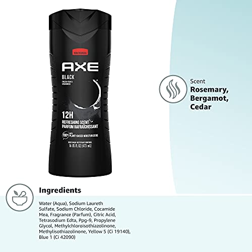 AXE Body Wash 12h Refreshing Scent Cleanser Black Frozen Pear and Cedarwood Men's Body Wash with 100 percent Plant-Based Moisturizers 16 oz