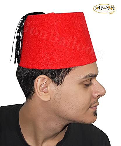 100% Egyptian Adult Red Fez Tarboush Tarboosh Turkish Ottoman Hat Complete Any Costume Hats Features With Black Tassel Large Traditional Egypt Arabic Arabian Accessory Men & Women Fine Cotton