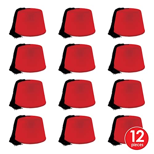 Beistle 12 Piece Crimson Felt Shriner Fez Hats with Tassels Arabian Nights Party Supplies Tarboosh Costume Accessories, One Size, Red/Black