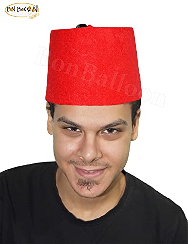 100% Egyptian Adult Red Fez Tarboush Tarboosh Turkish Ottoman Hat Complete Any Costume Hats Features With Black Tassel Large Traditional Egypt Arabic Arabian Accessory Men & Women Fine Cotton