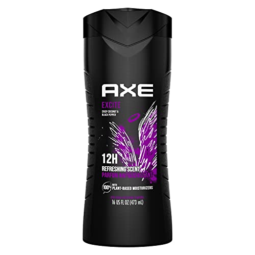 AXE Body Wash 12h Refreshing Scent Excite Crisp Coconut and Black Pepper Men's Body Wash with 100 percent Plant-Based Moisturizers 16 oz