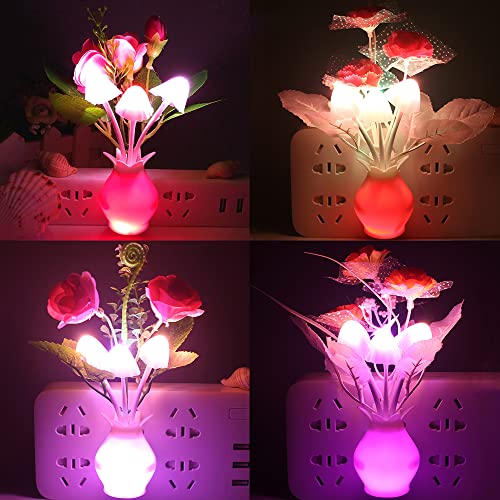 Warmstor 4 Pack Plug in Mushroom Night Light, Rose Clove Flowers Mushrooms Colors Changing Nightlight Feeding Bedside Lamp for Nursery Bedroom Bathroom and More