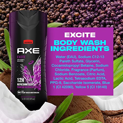 AXE Body Wash 12h Refreshing Scent Excite Crisp Coconut and Black Pepper Men's Body Wash with 100 percent Plant-Based Moisturizers 16 oz