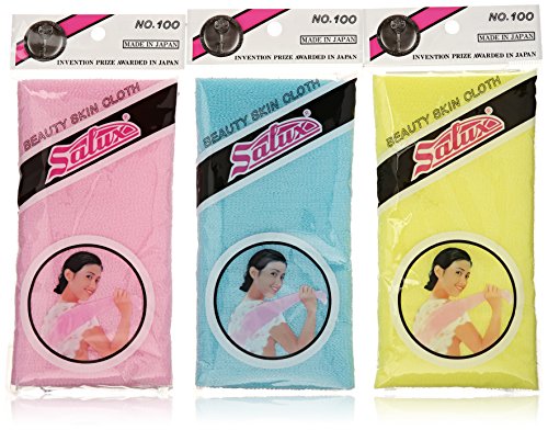 Salux Nylon Japanese Beauty Skin Bath Wash Cloth/towel (3) Blue Yellow and Pink