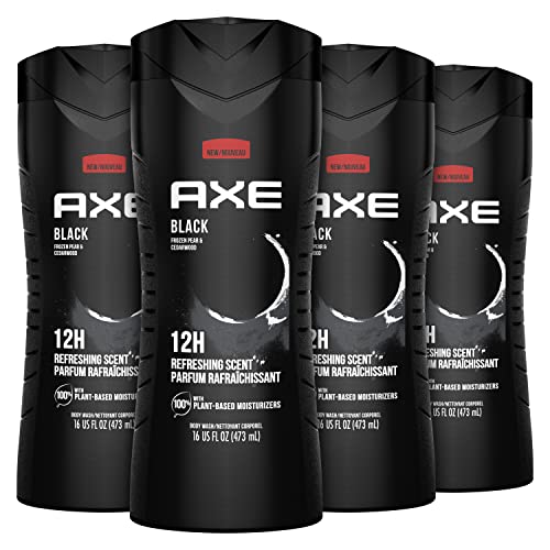 AXE Body Wash 12h Refreshing Scent Cleanser Black Frozen Pear and Cedarwood Men's Body Wash with 100 percent Plant-Based Moisturizers, 16 Fl Oz (Pack of 4)