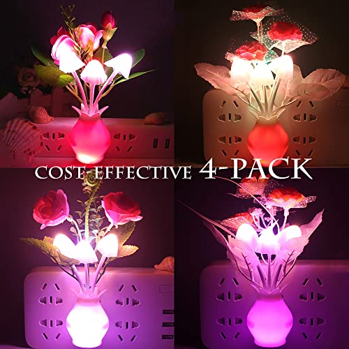 Warmstor 4 Pack Plug in Mushroom Night Light, Rose Clove Flowers Mushrooms Colors Changing Nightlight Feeding Bedside Lamp for Nursery Bedroom Bathroom and More