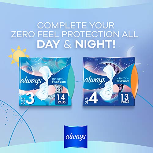 Always Infinity Size 3 Feminine Pads with Wings, Extra Heavy Flow Absorbency, Unscented, 14 Count