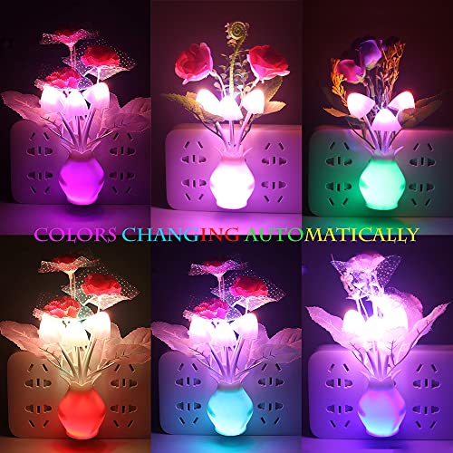 Warmstor 4 Pack Plug in Mushroom Night Light, Rose Clove Flowers Mushrooms Colors Changing Nightlight Feeding Bedside Lamp for Nursery Bedroom Bathroom and More