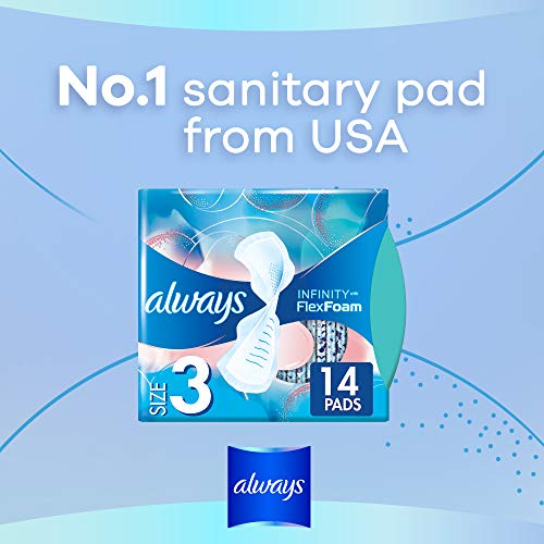 Always Infinity Size 3 Feminine Pads with Wings, Extra Heavy Flow Absorbency, Unscented, 14 Count