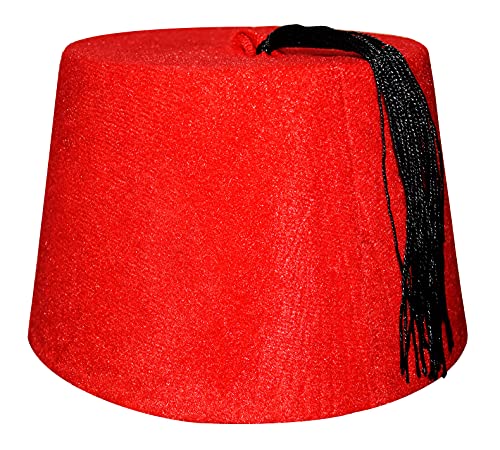 100% Egyptian Adult Red Fez Tarboush Tarboosh Turkish Ottoman Hat Complete Any Costume Hats Features With Black Tassel Large Traditional Egypt Arabic Arabian Accessory Men & Women Fine Cotton