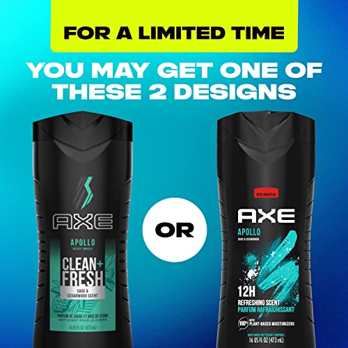 AXE Body Wash for Long Lasting Freshness Apollo Sage & Cedarwood Men's Body Wash with Odor-Busting Prebiotics, 16 Fl Oz (Pack of 4)