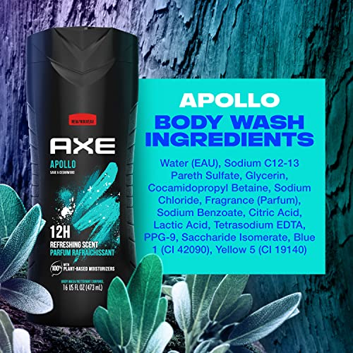 AXE Body Wash for Long Lasting Freshness Apollo Sage & Cedarwood Men's Body Wash with Odor-Busting Prebiotics, 16 Fl Oz (Pack of 4)