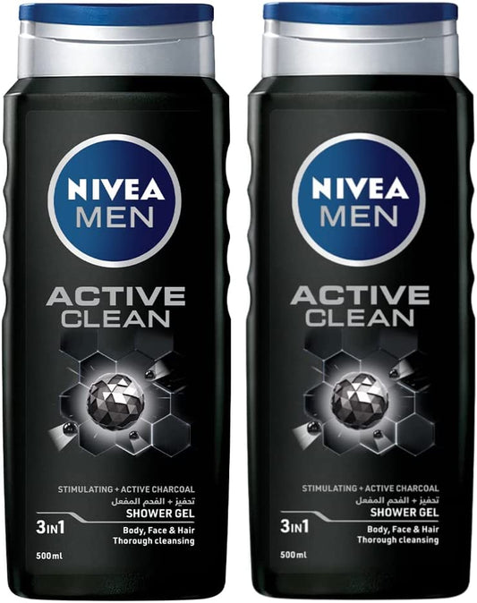 NIVEA MEN 3in1 Shower Gel Body Wash, Cleansing Active Clean Charcoal Woody Scent, 2x500ml