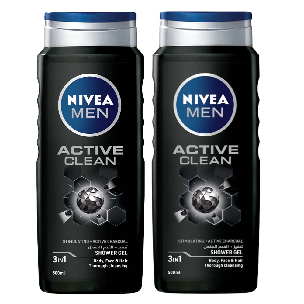 NIVEA MEN 3in1 Shower Gel Body Wash, Cleansing Active Clean Charcoal Woody Scent, 2x500ml