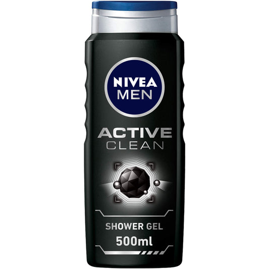 NIVEA MEN 3in1 Shower Gel Body Wash, Active Clean Charcoal Woody Scent, 500ml