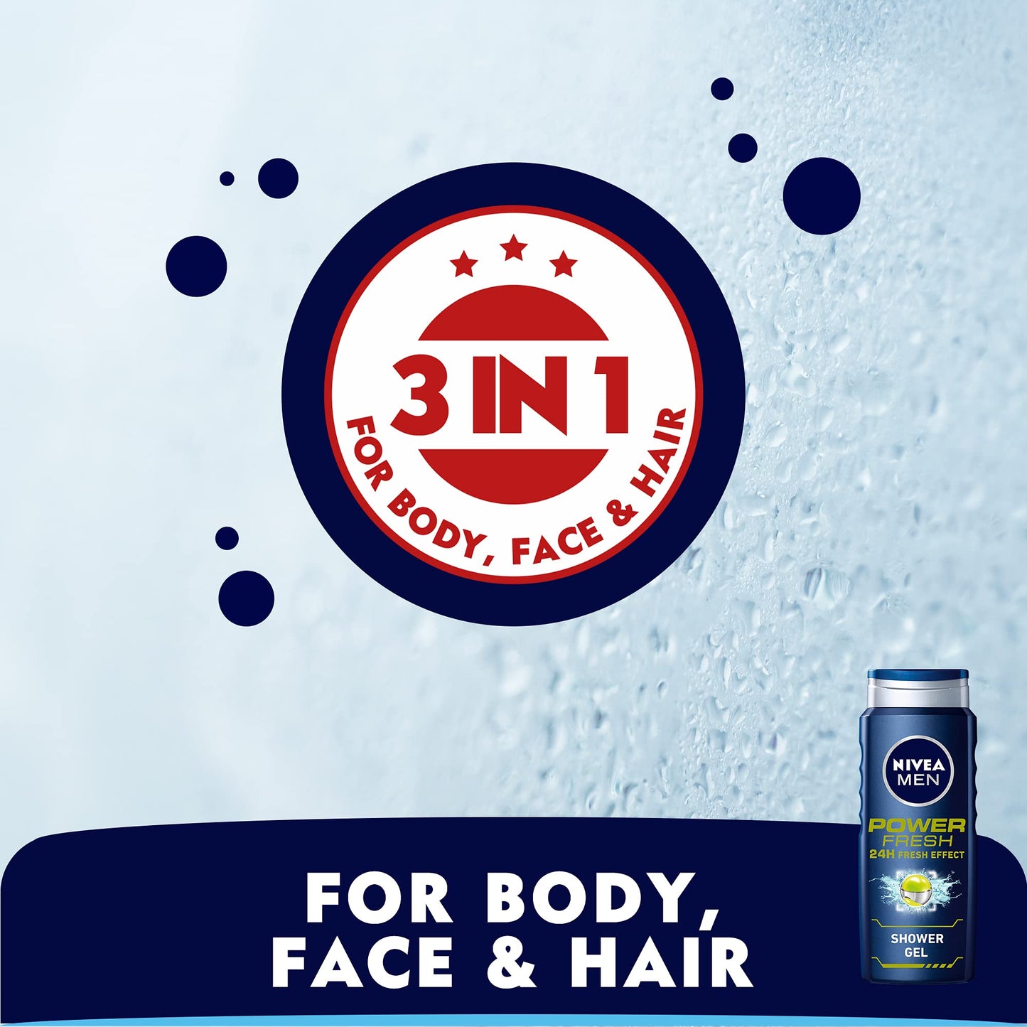 NIVEA MEN 3in1 Shower Gel Body Wash, Power Fresh 24h Fresh Effect Citrus Scent, 500ml