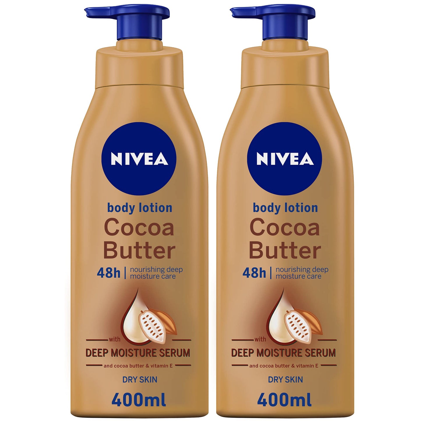 NIVEA Body Lotion Moisturizing Dry Skin, Cocoa Butter Vitamin E, 2x400ml