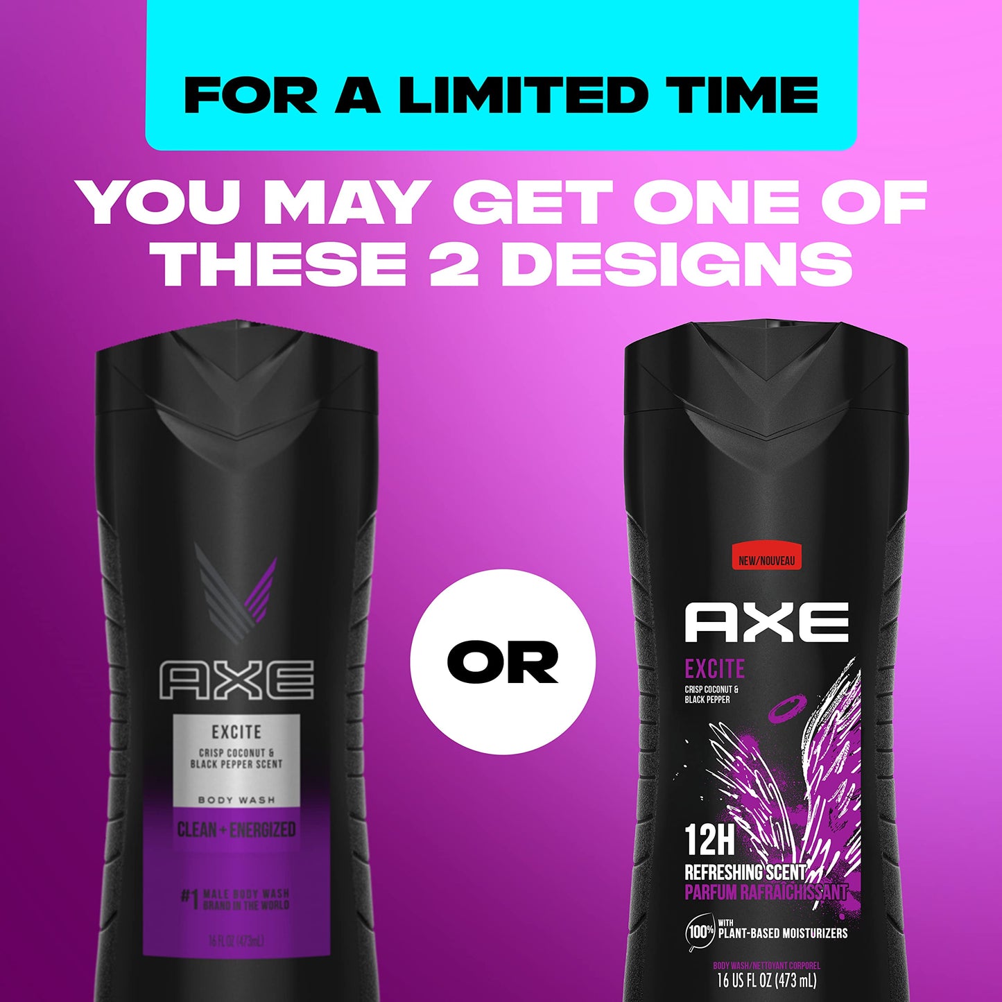 AXE Body Wash 12h Refreshing Scent Excite Crisp Coconut & Black Pepper with 100% Plant-Based Moisturizers 16 oz