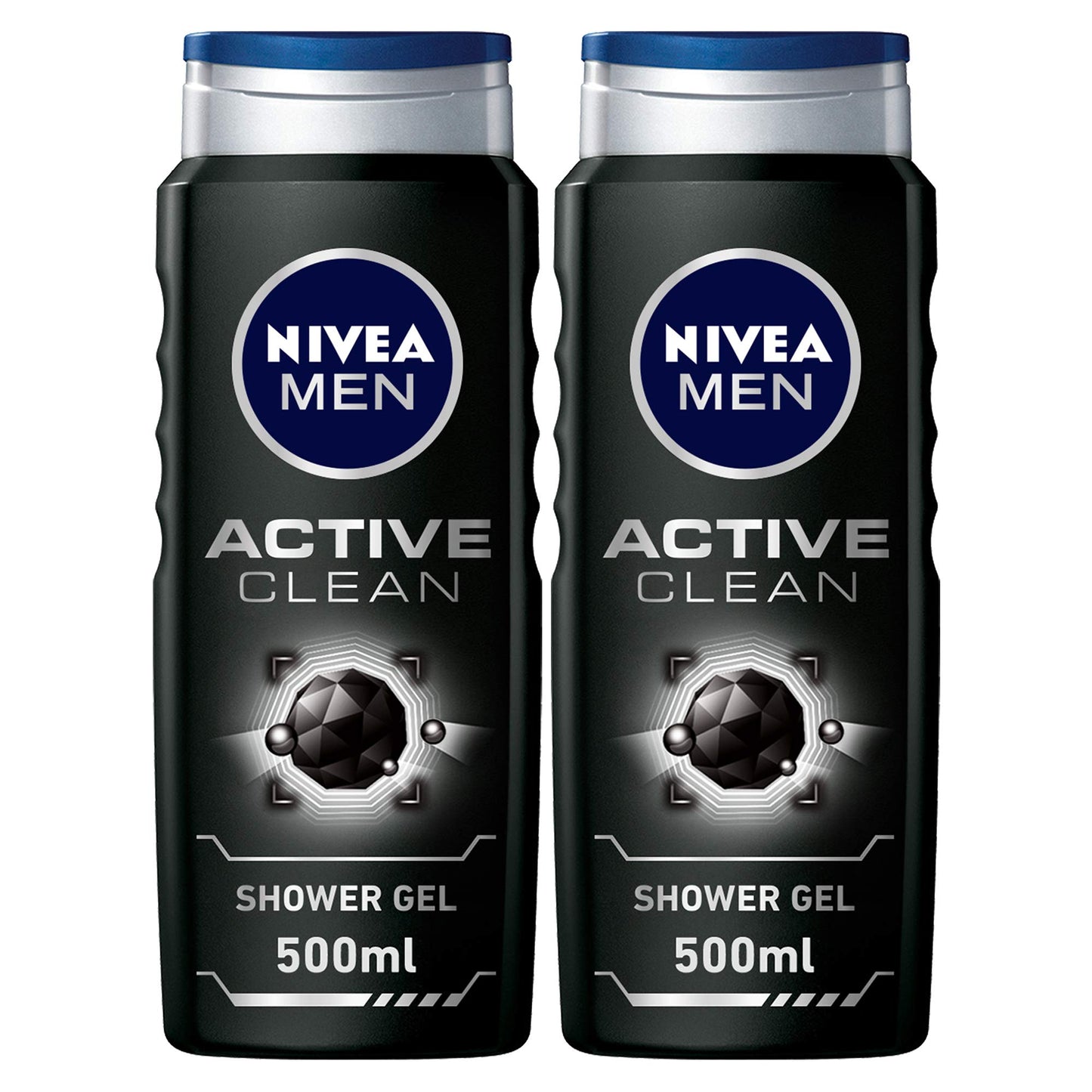 NIVEA MEN 3in1 Shower Gel Body Wash, Cleansing Active Clean Charcoal Woody Scent, 2x500ml