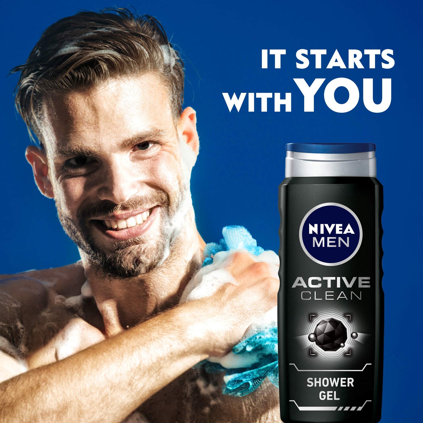 NIVEA MEN 3in1 Shower Gel Body Wash, Active Clean Charcoal Woody Scent, 500ml