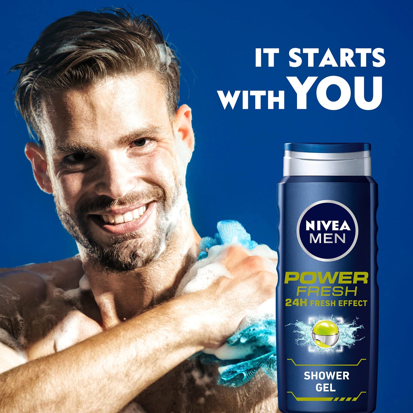 NIVEA MEN 3in1 Shower Gel Body Wash, Power Fresh 24h Fresh Effect Citrus Scent, 500ml