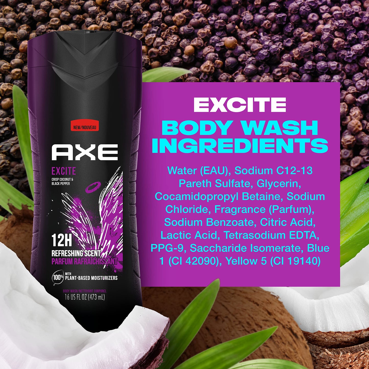 AXE Body Wash 12h Refreshing Scent Excite Crisp Coconut & Black Pepper with 100% Plant-Based Moisturizers 16 oz