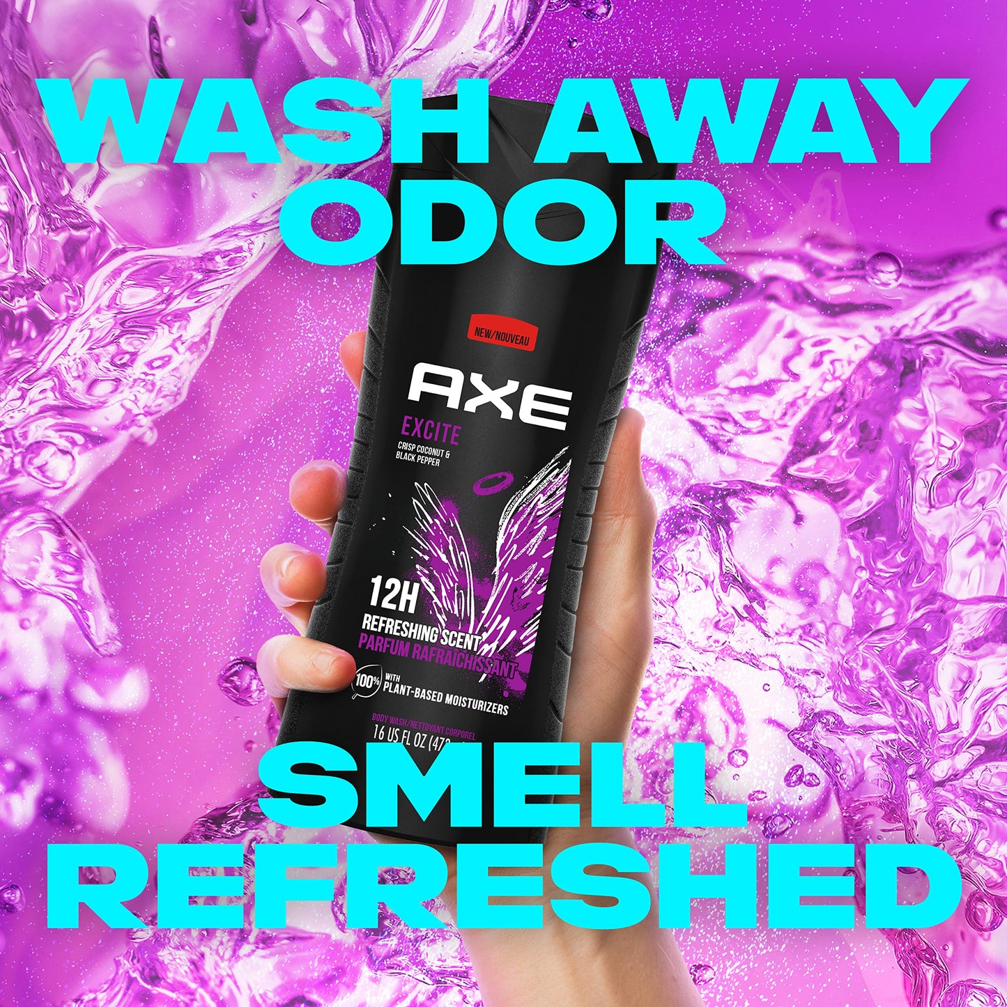 AXE Body Wash 12h Refreshing Scent Excite Crisp Coconut & Black Pepper with 100% Plant-Based Moisturizers 16 oz