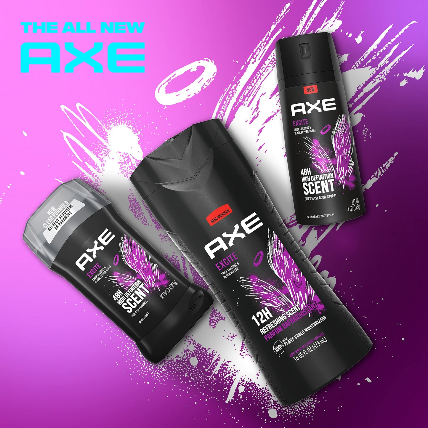 AXE Body Wash 12h Refreshing Scent Excite Crisp Coconut & Black Pepper with 100% Plant-Based Moisturizers 16 oz