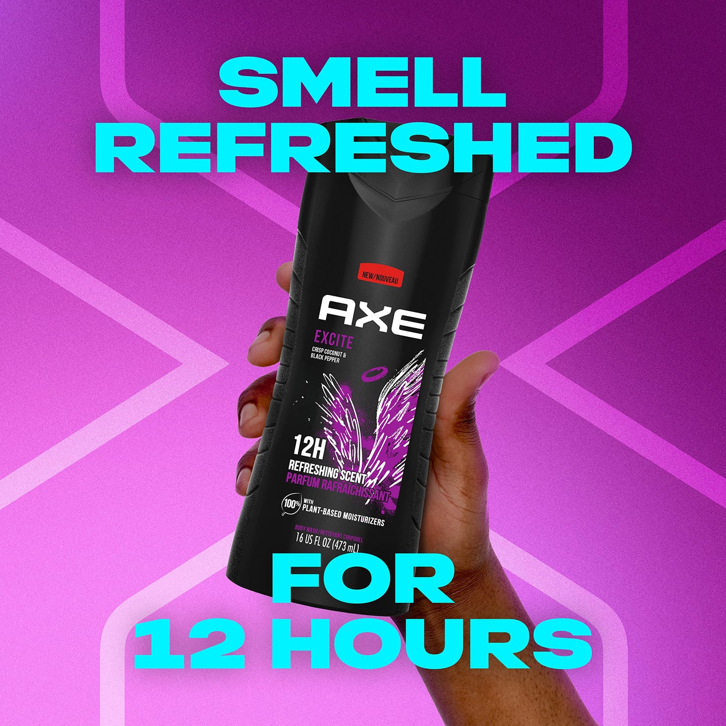 AXE Body Wash 12h Refreshing Scent Excite Crisp Coconut & Black Pepper with 100% Plant-Based Moisturizers 16 oz