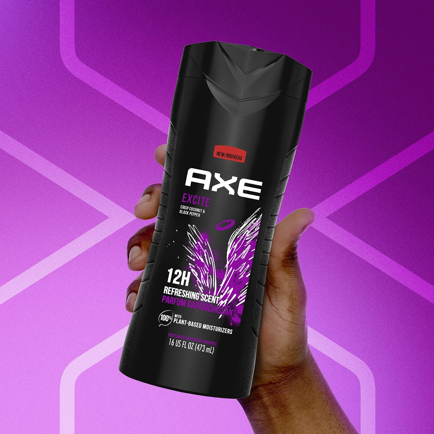 AXE Body Wash 12h Refreshing Scent Excite Crisp Coconut & Black Pepper with 100% Plant-Based Moisturizers 16 oz